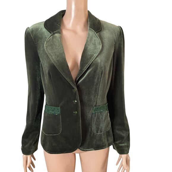 August Silk Blazer Womens 6 Velour Forest Green 3 Button - Picture 3 of 14